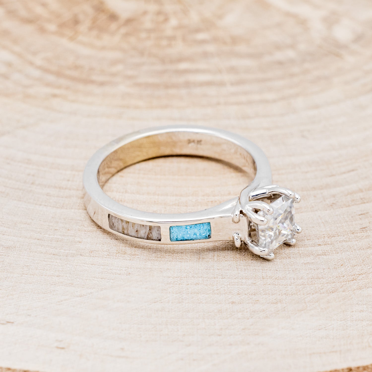 "FAWN" - PRINCESS CUT MOISSANITE ANTLER PRONGED ENGAGEMENT RING WITH ANTLER & TURQUOISE INLAYS-2