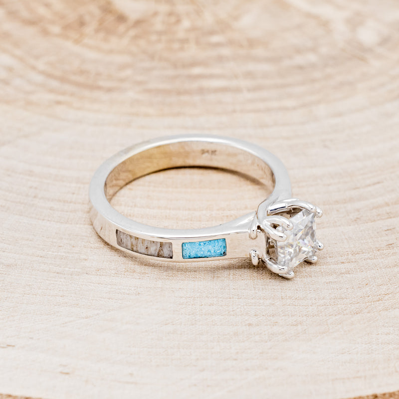 "FAWN" - PRINCESS CUT MOISSANITE ANTLER PRONGED ENGAGEMENT RING WITH ANTLER & TURQUOISE INLAYS