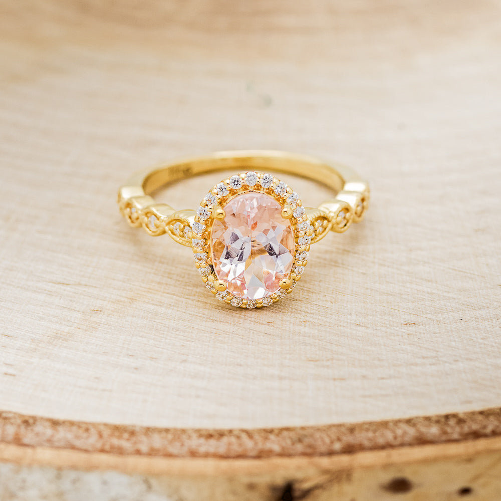 OVAL MORGANITE ENGAGEMENT RING WITH SCALLOP BAND & DIAMOND ACCENTS-10