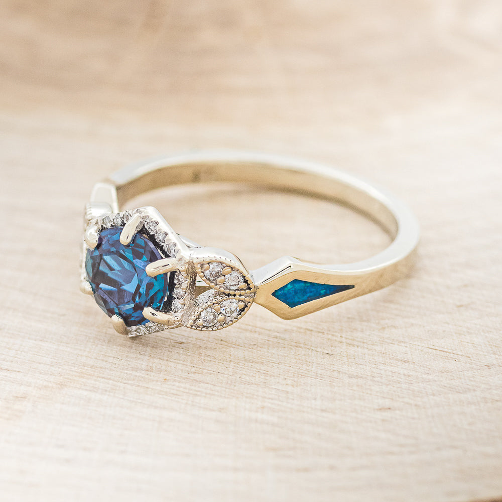 "LUCY IN THE SKY" PETITE - ROUND CUT LAB-GROWN ALEXANDRITE ENGAGEMENT RING WITH DIAMOND ACCENTS & BLUE OPAL INLAYS-3