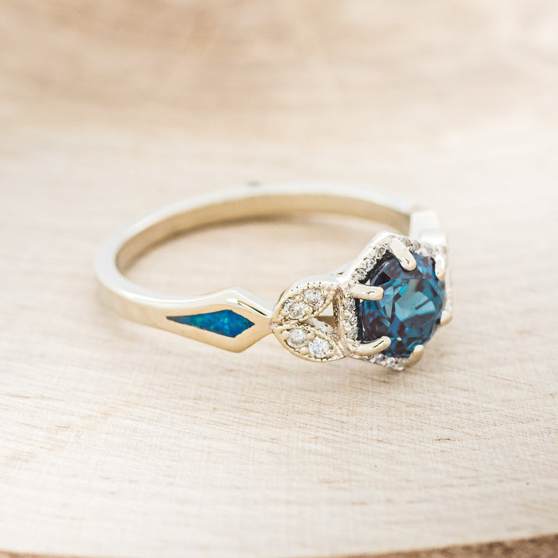 "LUCY IN THE SKY" PETITE - ROUND CUT LAB-GROWN ALEXANDRITE ENGAGEMENT RING WITH DIAMOND ACCENTS & BLUE OPAL INLAYS