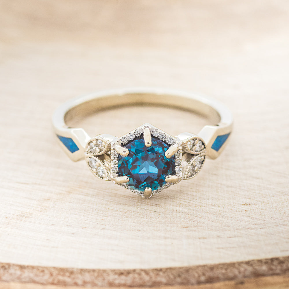 "LUCY IN THE SKY" PETITE - ROUND CUT LAB-GROWN ALEXANDRITE ENGAGEMENT RING WITH DIAMOND ACCENTS & BLUE OPAL INLAYS-4