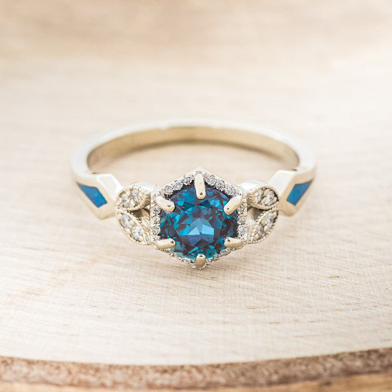 "LUCY IN THE SKY" PETITE - ROUND CUT LAB-GROWN ALEXANDRITE ENGAGEMENT RING WITH DIAMOND ACCENTS & BLUE OPAL INLAYS