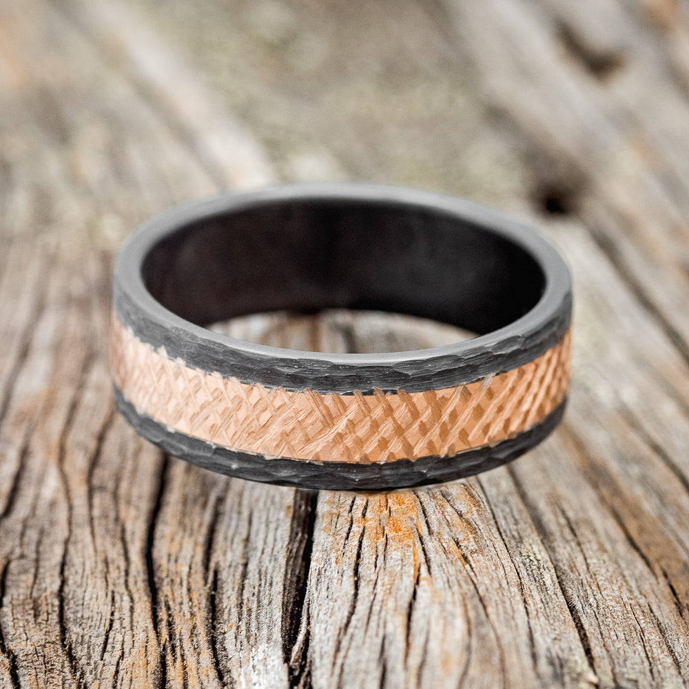 HAMMERED BLACK ZIRCONIUM WEDDING RING WITH CROSSHATCHED FINISH 14K GOLD CENTER PIECE-3