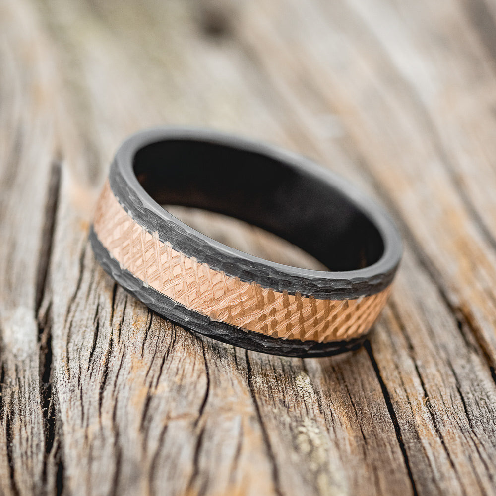 HAMMERED BLACK ZIRCONIUM WEDDING RING WITH CROSSHATCHED FINISH 14K GOLD CENTER PIECE-2