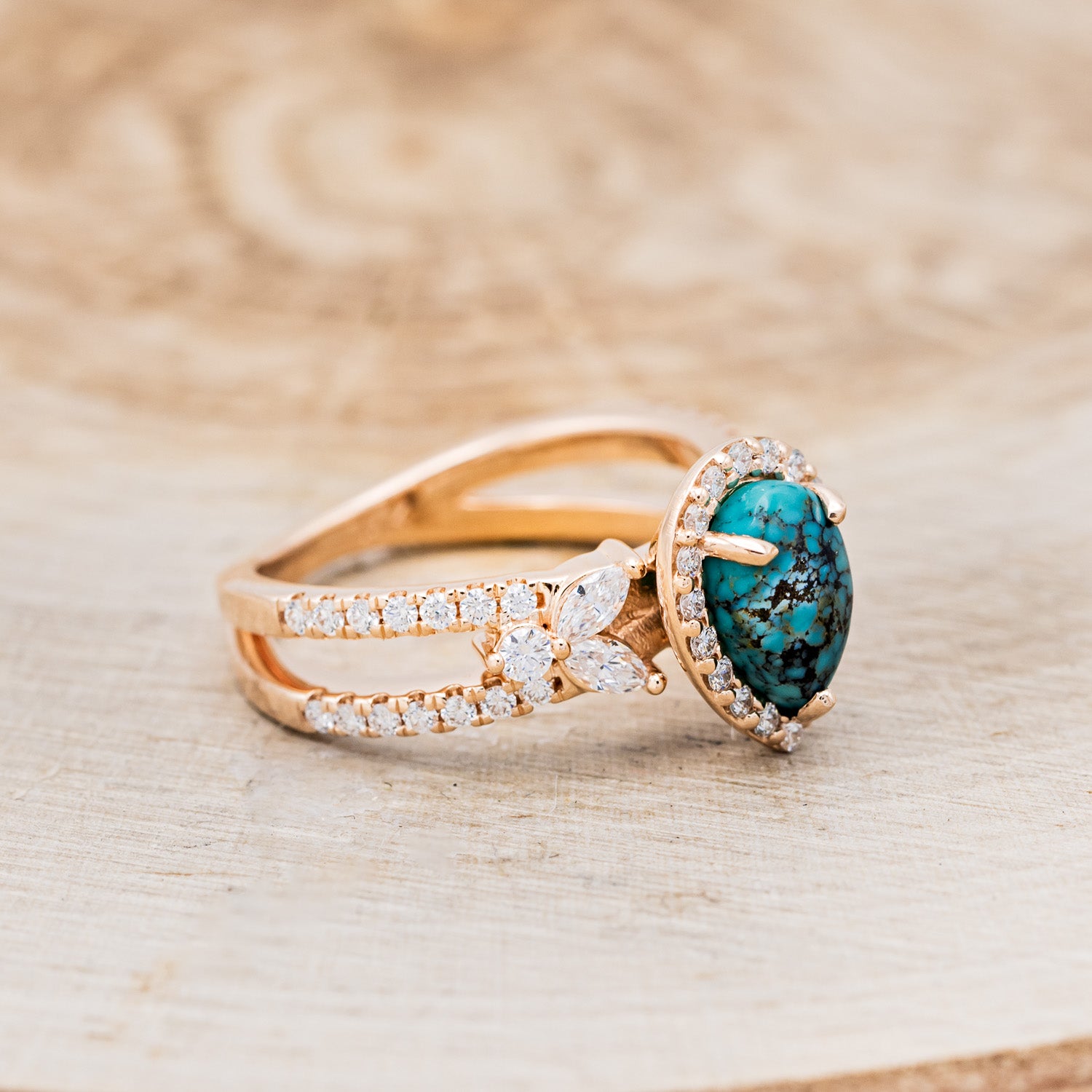 "LORETTA" - PEAR-SHAPED TURQUOISE ENGAGEMENT RING WITH DIAMOND HALO & ACCENTS-2