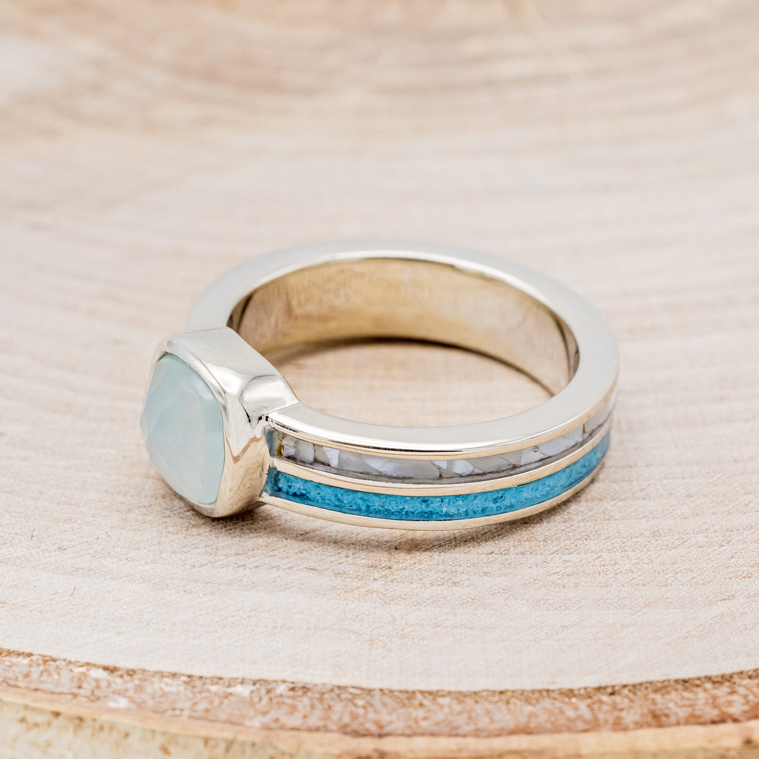 "MATILDA" - CUSHION CUT CHALCEDONY ENGAGEMENT RING WITH TURQUOISE & MOTHER OF PEARL INLAYS-3