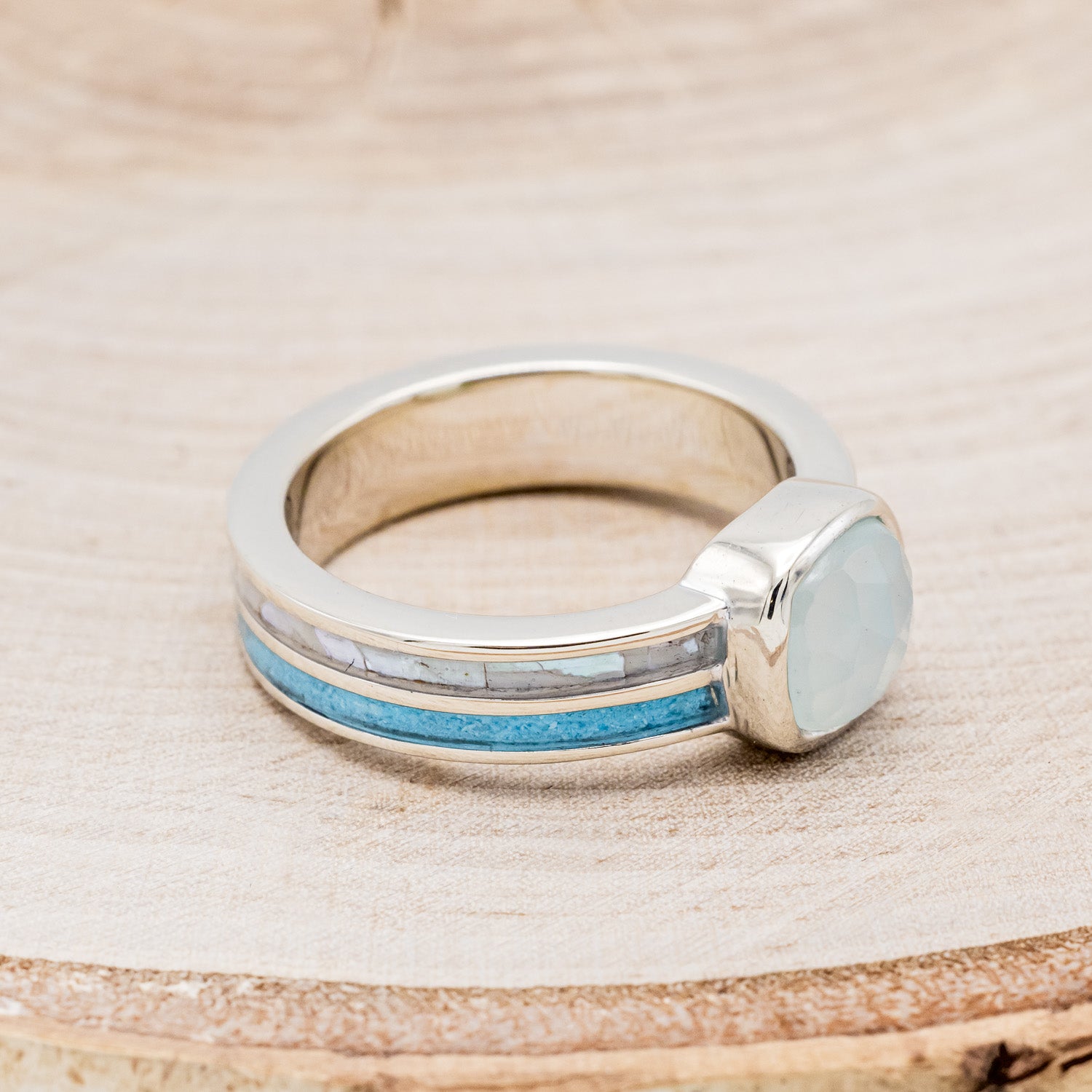 "MATILDA" - CUSHION CUT CHALCEDONY ENGAGEMENT RING WITH TURQUOISE & MOTHER OF PEARL INLAYS-2