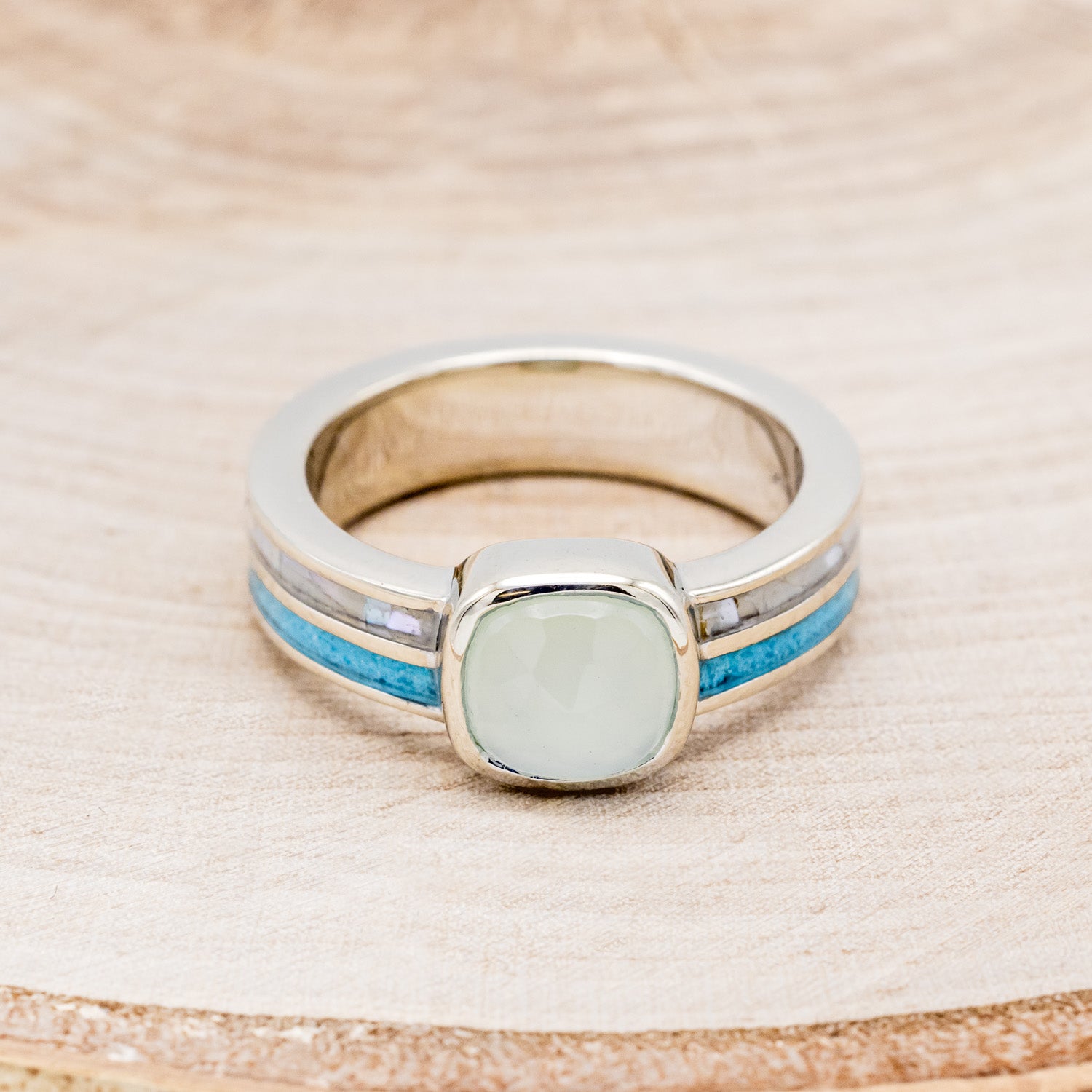 "MATILDA" - CUSHION CUT CHALCEDONY ENGAGEMENT RING WITH TURQUOISE & MOTHER OF PEARL INLAYS-4