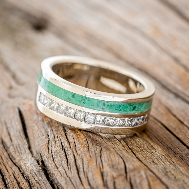 Shown here is "Memphis", a custom, handcrafted men's wedding ring featuring a malachite inlay and princess cut diamond accents, tilted left. Additional inlay options are available upon request.