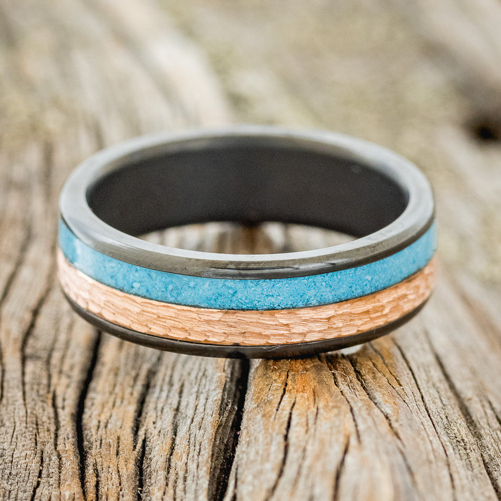 "FLYNN" - TURQUOISE & A HAMMERED 14K GOLD INLAY WEDDING BAND-6