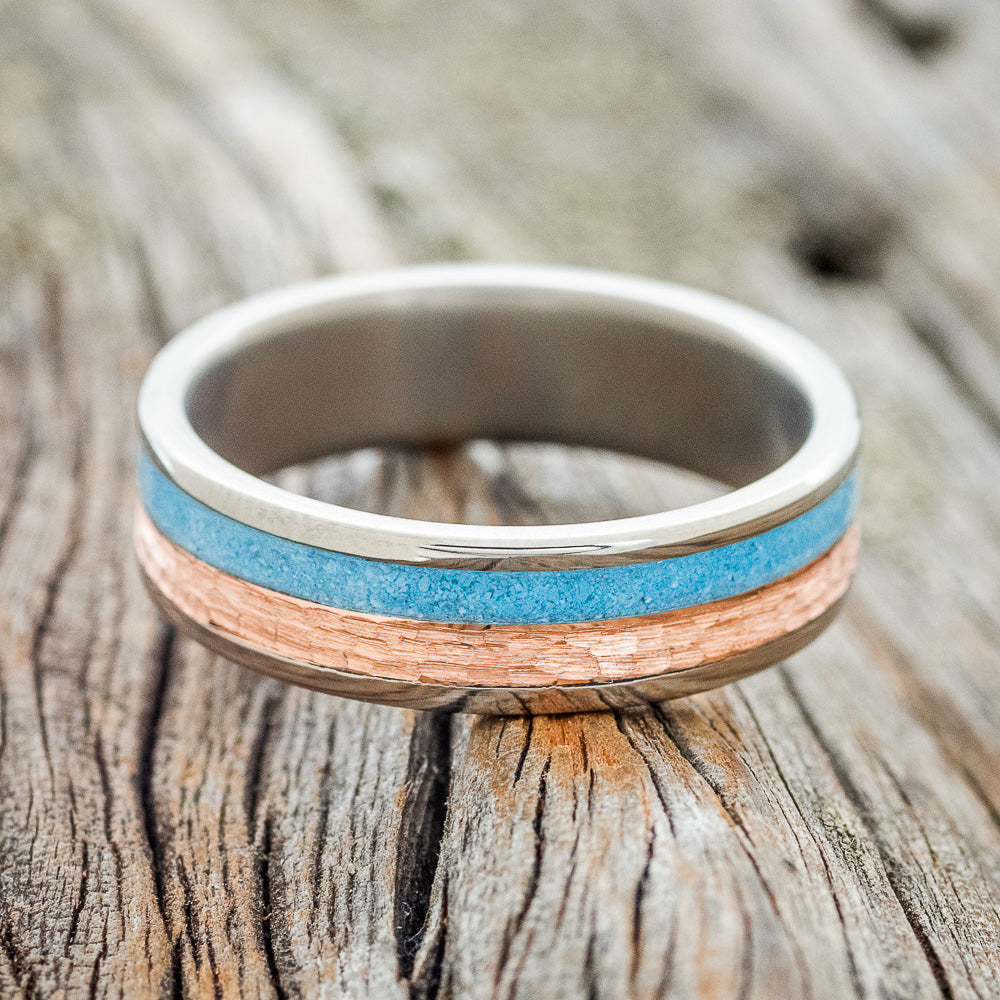 "FLYNN" - TURQUOISE & A HAMMERED 14K GOLD INLAY WEDDING BAND-3