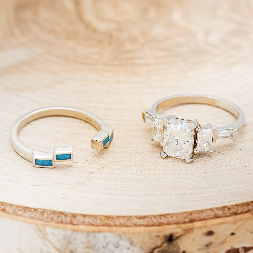 "GRETA" - EMERALD CUT MOISSANITE ENGAGEMENT RING WITH DIAMOND ACCENTS & TURQUOISE TRACER-5