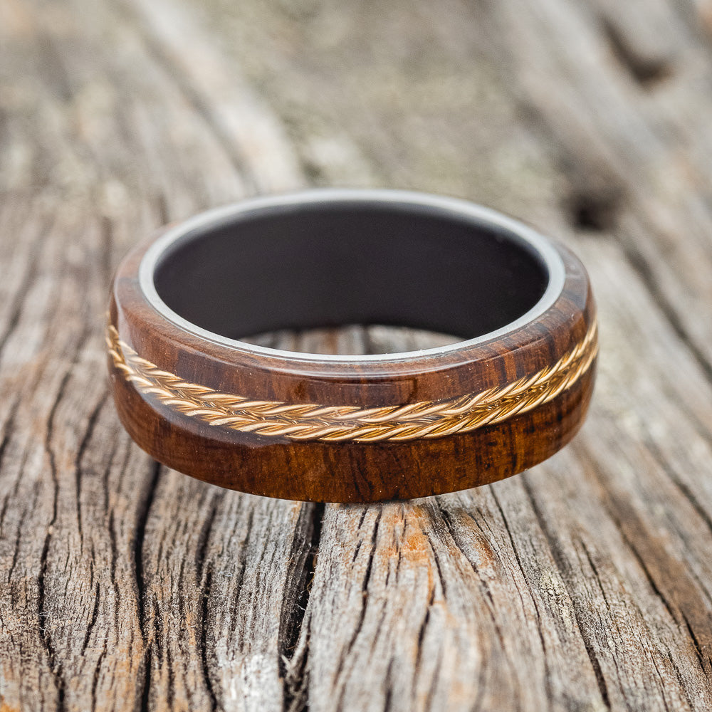 "REMMY" - IRONWOOD & OFFSET TWISTED GOLD WIRE WEDDING BAND-3