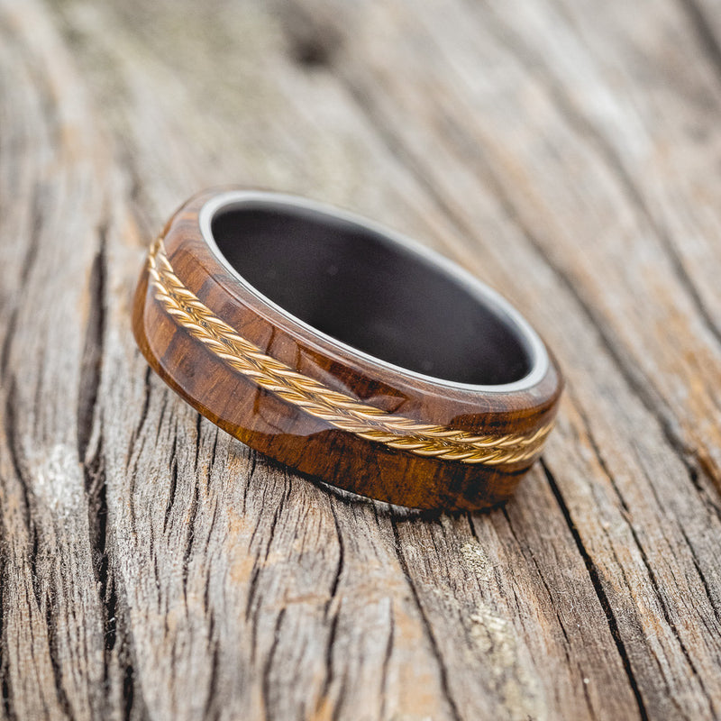 "REMMY" - IRONWOOD & OFFSET TWISTED GOLD WIRE WEDDING BAND FEATURING A BLACK ZIRCONIUM BAND
