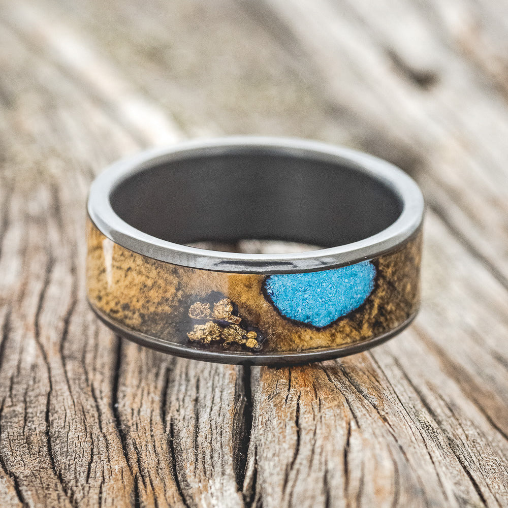 "RAINIER" - BUCKEYE BURL WOOD, GOLD NUGGETS & TURQUOISE WEDDING BAND - READY TO SHIP-6