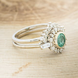"PANRA" - ROUND CUT GREEN BERYL ENGAGEMENT RING WITH DIAMOND ACCENTS & TRACER - 14K WHITE GOLD - SIZE 6 3/4