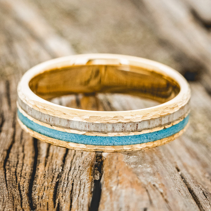 "COSMO" - ANTLER & TURQUOISE WEDDING RING FEATURING A HAMMERED BAND-3