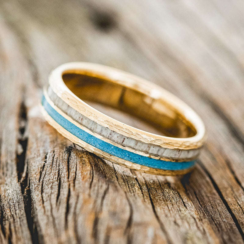 "COSMO" - ANTLER & TURQUOISE WEDDING RING FEATURING A HAMMERED BAND-2