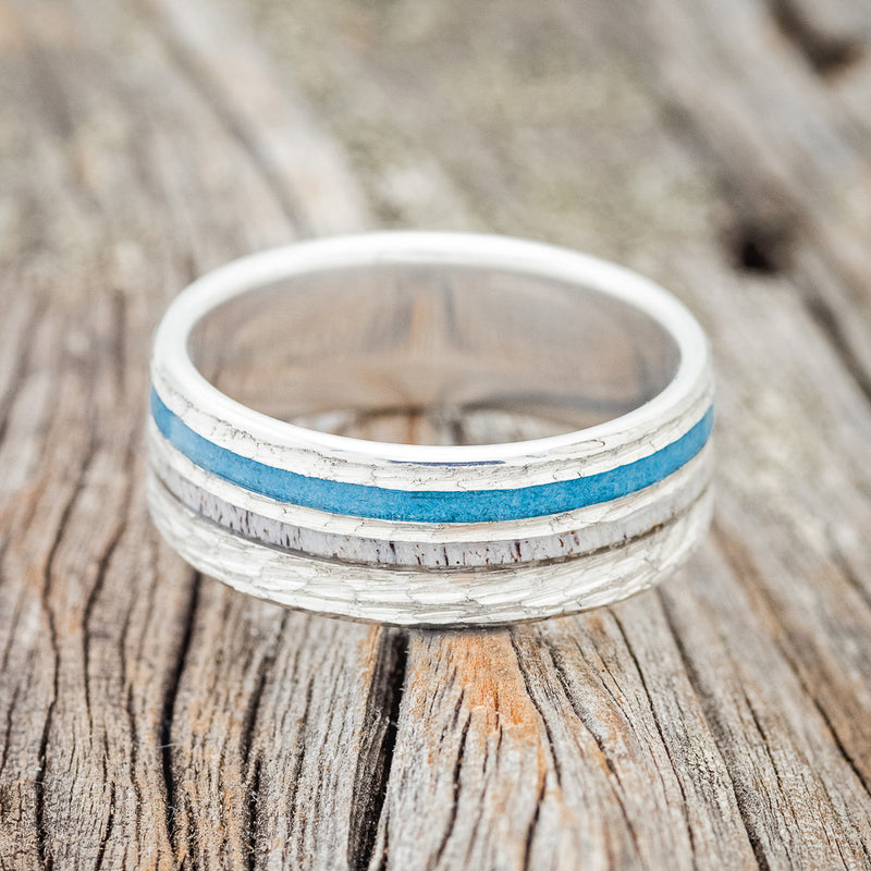 "COSMO" - ANTLER & TURQUOISE WEDDING RING WITH A HAMMERED FINISH-6