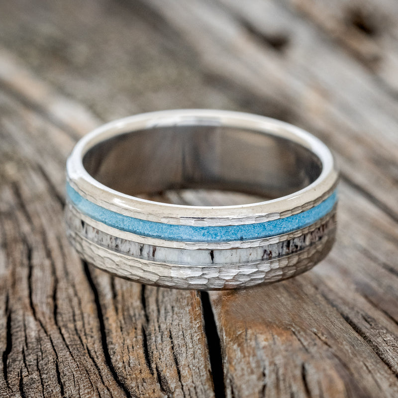 "COSMO" - ANTLER & TURQUOISE WEDDING RING WITH A HAMMERED FINISH-3