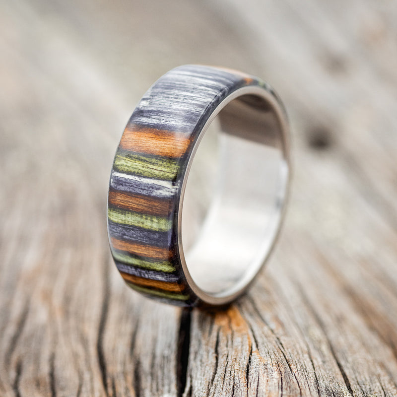 "HAVEN" - GREY, GREEN & BROWN DYED BIRCH WOOD WEDDING RING - READY TO SHIP-1