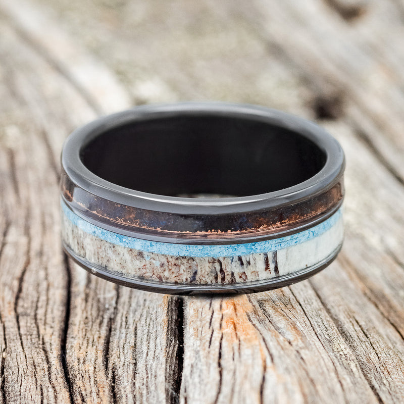 "ELEMENT" - PATINA COPPER, ANTLER & TURQUOISE WEDDING BAND - READY TO SHIP-6