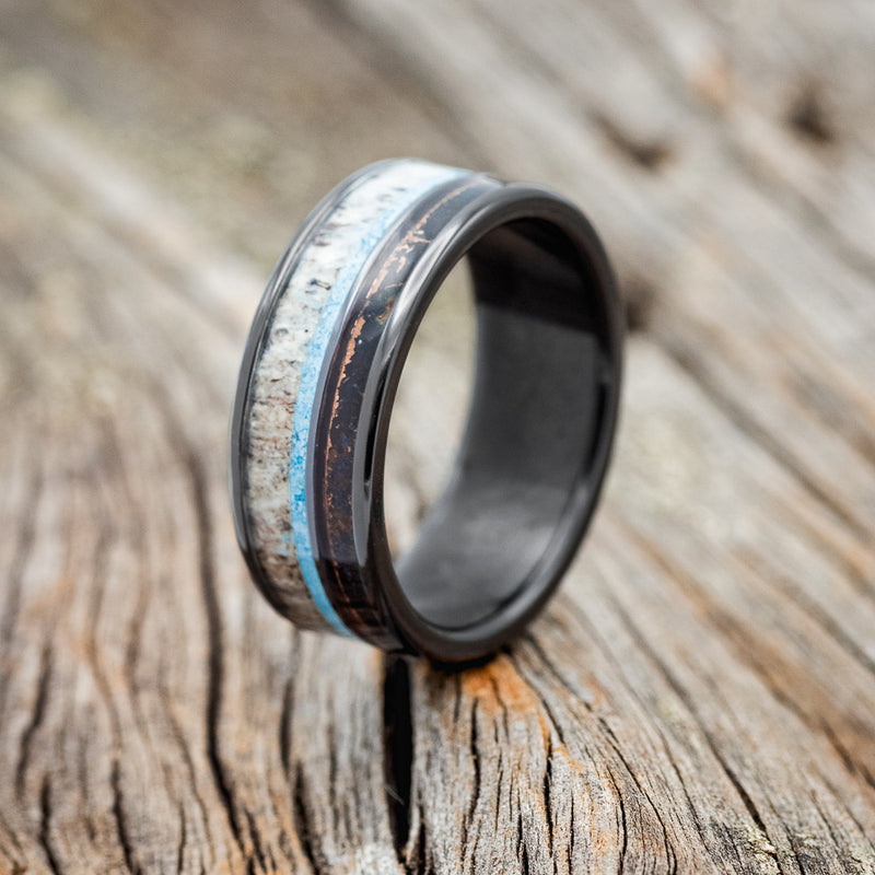 "ELEMENT" - PATINA COPPER, ANTLER & TURQUOISE WEDDING BAND - READY TO SHIP-4