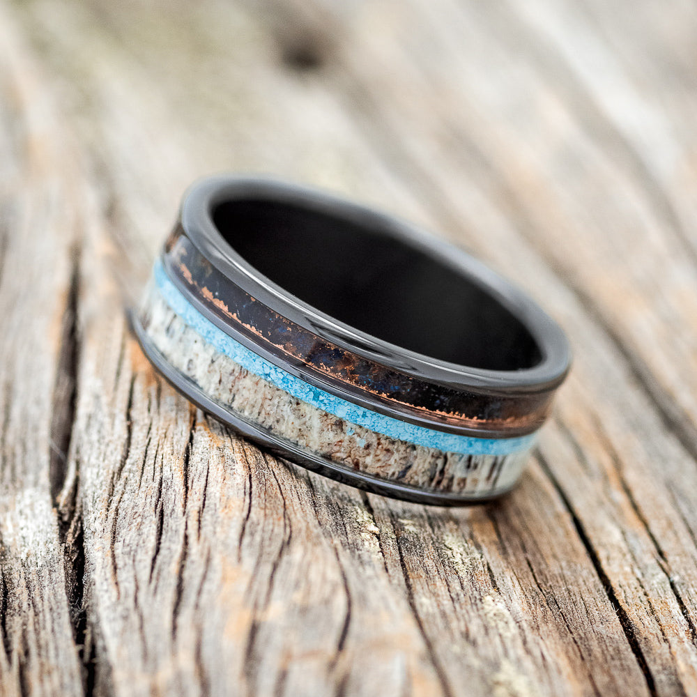 "ELEMENT" - PATINA COPPER, ANTLER & TURQUOISE WEDDING BAND-5