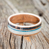 "ELEMENT" - PATINA COPPER, ANTLER & TURQUOISE WEDDING BAND - 14K ROSE GOLD - SIZE 6 1/2-3