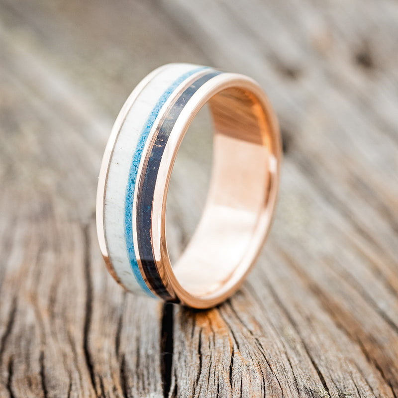 "ELEMENT" - PATINA COPPER, ANTLER & TURQUOISE WEDDING BAND - 14K ROSE GOLD - SIZE 6 1/2-1