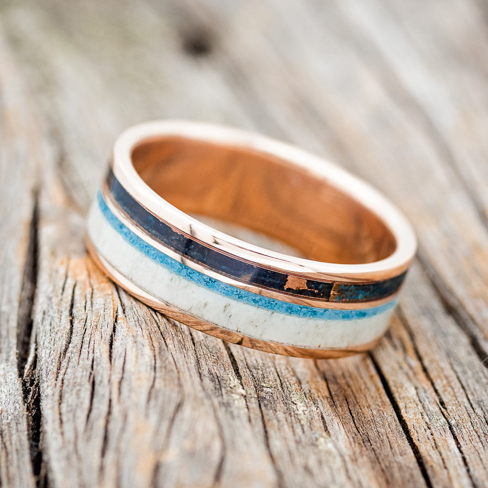 "ELEMENT" - PATINA COPPER, ANTLER & TURQUOISE WEDDING BAND-14