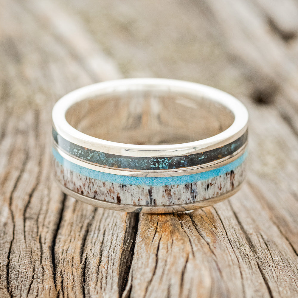 "ELEMENT" - PATINA COPPER, ANTLER & TURQUOISE WEDDING BAND-12