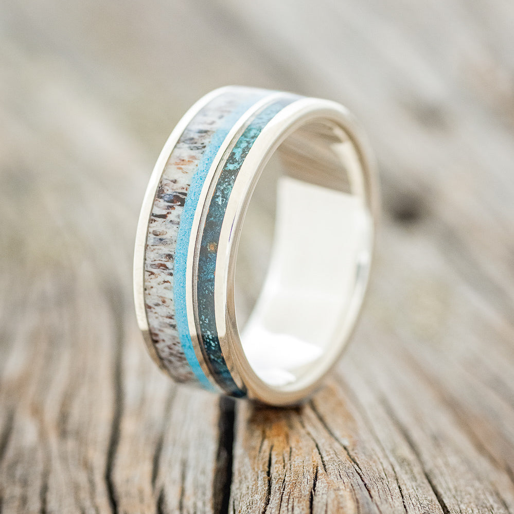 "ELEMENT" - PATINA COPPER, ANTLER & TURQUOISE WEDDING BAND-10