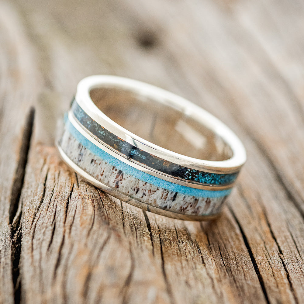 "ELEMENT" - PATINA COPPER, ANTLER & TURQUOISE WEDDING BAND-11