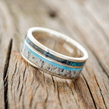 "ELEMENT" - PATINA COPPER, ANTLER & TURQUOISE WEDDING RING FEATURING A BLACK ZIRCONIUM BAND