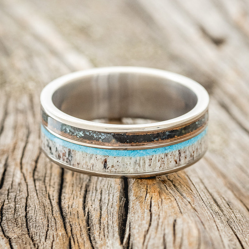 "ELEMENT" - PATINA COPPER, ANTLER & TURQUOISE WEDDING BAND - READY TO SHIP-3