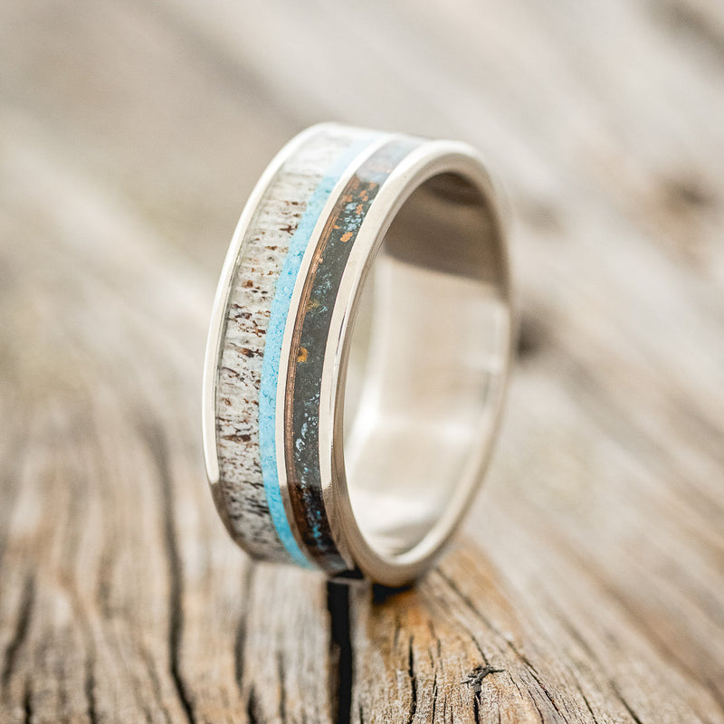 "ELEMENT" - PATINA COPPER, ANTLER & TURQUOISE WEDDING BAND - READY TO SHIP-1