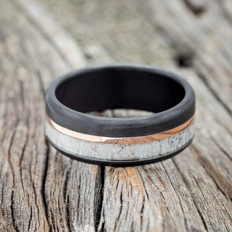 "TANNER" - ANTLER & 14K GOLD INLAY WEDDING RING FEATURING A BRUSHED BLACK ZIRCONIUM BAND