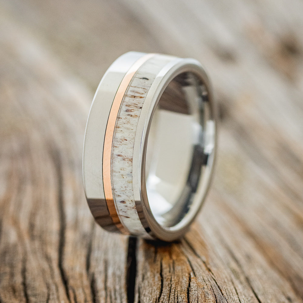 "TANNER" - ELK ANTLER & 14K GOLD INLAY WEDDING BAND-4