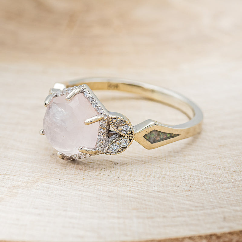 "LUCY IN THE SKY" - FACETED HEXAGON ROSE QUARTZ WEDDING BAND WITH DIAMOND ACCENTS, MOTHER OF PEARL INLAYS & TRACER