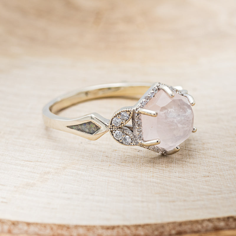 "LUCY IN THE SKY" - FACETED HEXAGON ROSE QUARTZ WEDDING BAND WITH DIAMOND ACCENTS, MOTHER OF PEARL INLAYS & TRACER