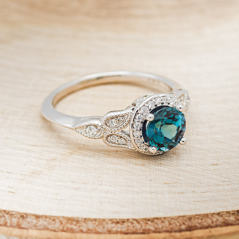 ROUND CUT LAB-GROWN ALEXANDRITE ENGAGEMENT RING WITH DIAMOND HALO & ACCENTS