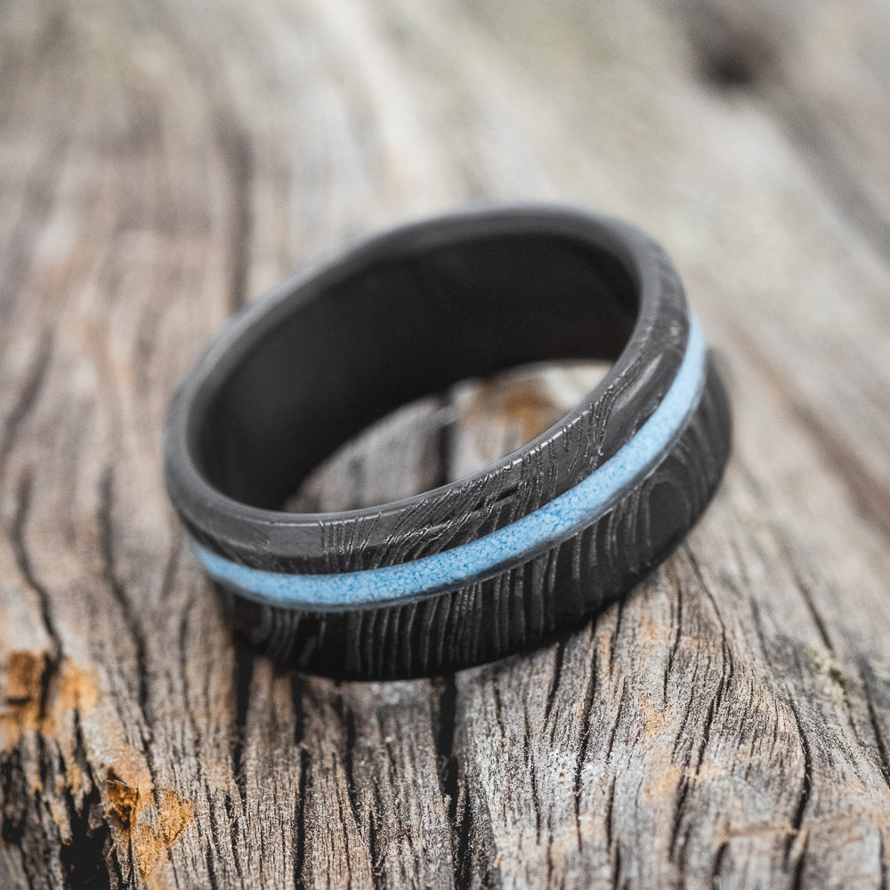 "VERTIGO" - TURQUOISE WEDDING RING FEATURING A WOODGRAIN BAND - READY TO SHIP-3