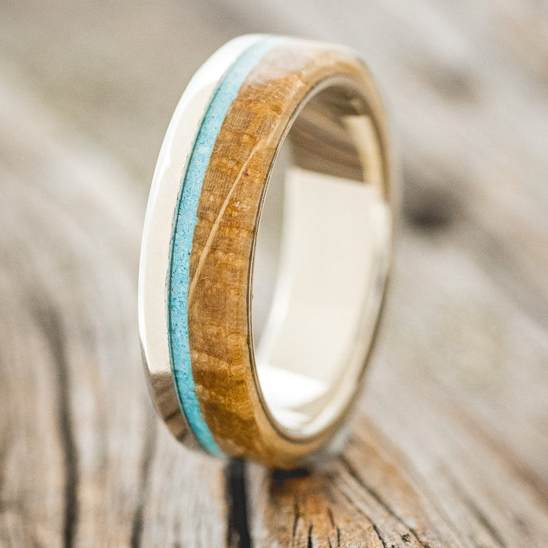 "EZRA" - TURQUOISE & WHISKEY BARREL OAK WEDDING RING FEATURING A 14K GOLD BAND-1