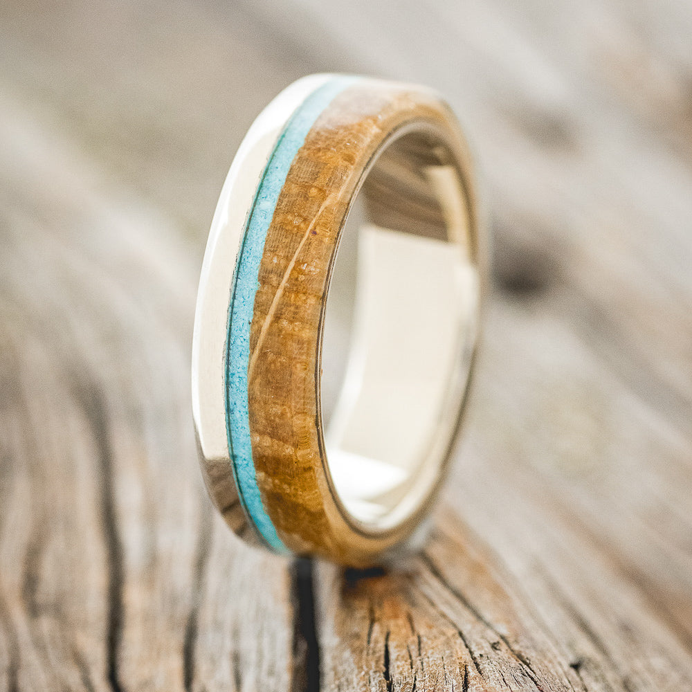 "EZRA" - MATCHING SET OF WHISKEY BARREL OAK & TURQUOISE WEDDING RING FEATURING 14K GOLD BANDS-2