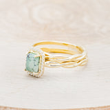 "EVERLEIGH" - EMERALD CUT TURQUOISE WEDDING BAND SET WITH DIAMOND HALO & TWISTED STACKING BAND