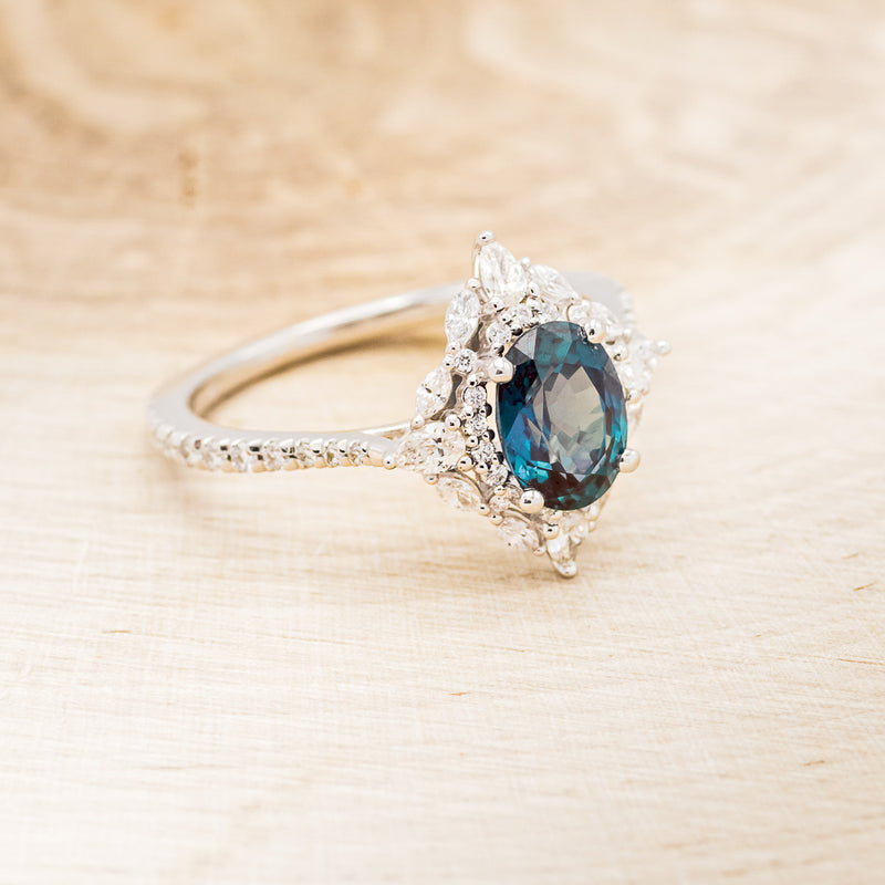 "NORTH STAR" - OVAL LAB-GROWN ALEXANDRITE ENGAGEMENT RING WITH DIAMOND HALO & ACCENTS