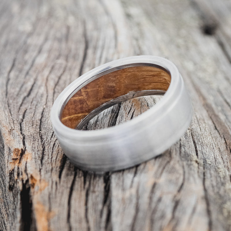 "SEDONA" - WHISKEY BARREL LINED WEDDING RING WITH A BRUSHED FINISH - READY TO SHIP-6