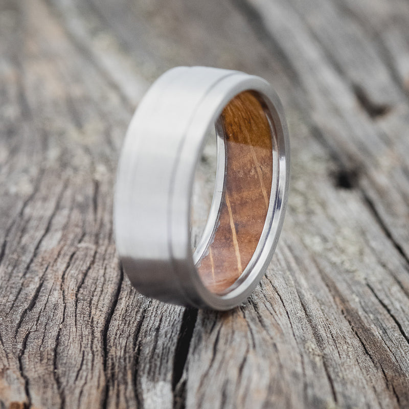 "SEDONA" - WHISKEY BARREL LINED WEDDING RING WITH A BRUSHED FINISH - READY TO SHIP-2